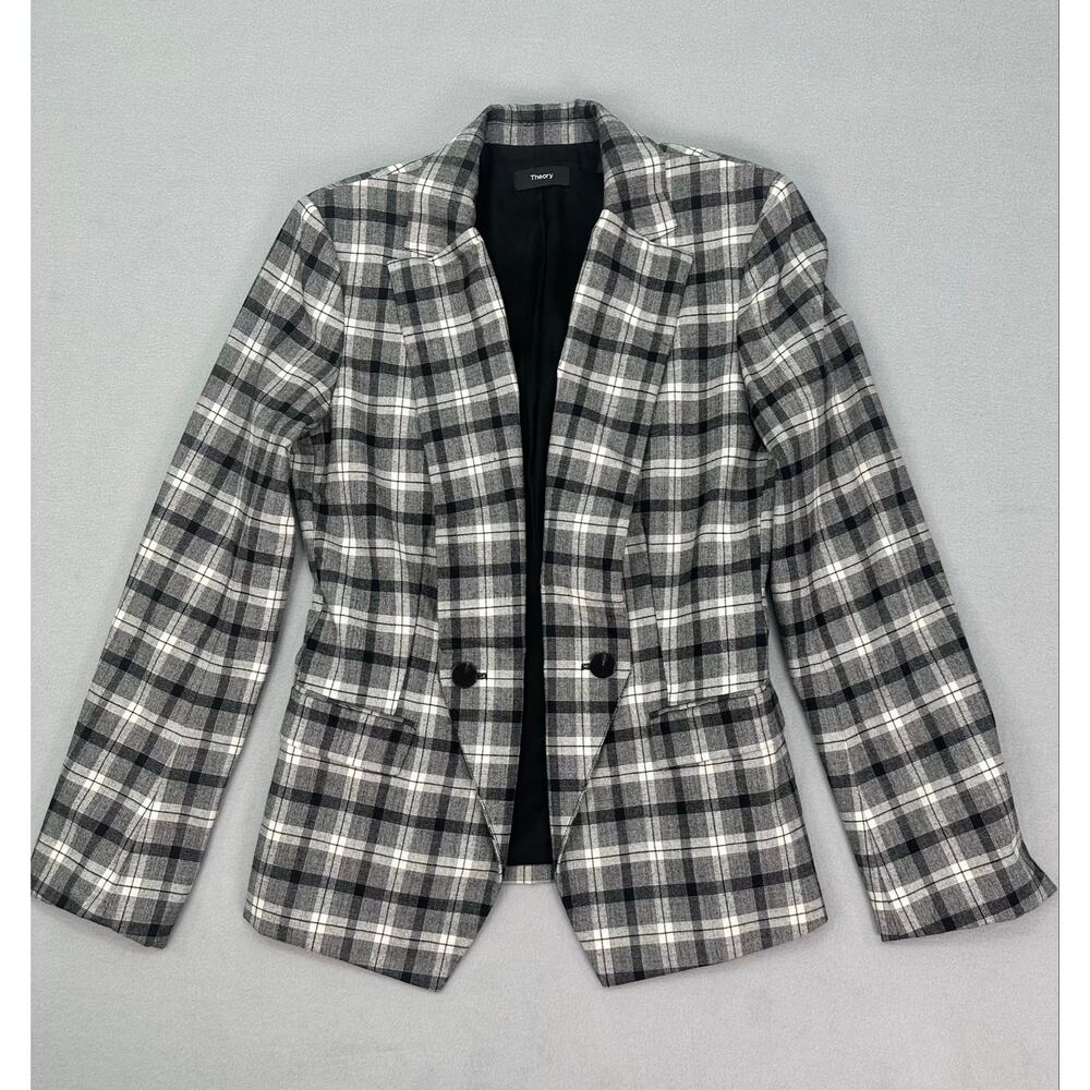 Theory Yukon Flannel Double Breasted Plaid Wool Blazer Jacket Size 6 - Picture 4 of 10